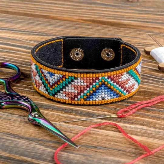 Wonderland Crafts Yellow & White Artificial Leather Cross Stitch Bracelet Kit